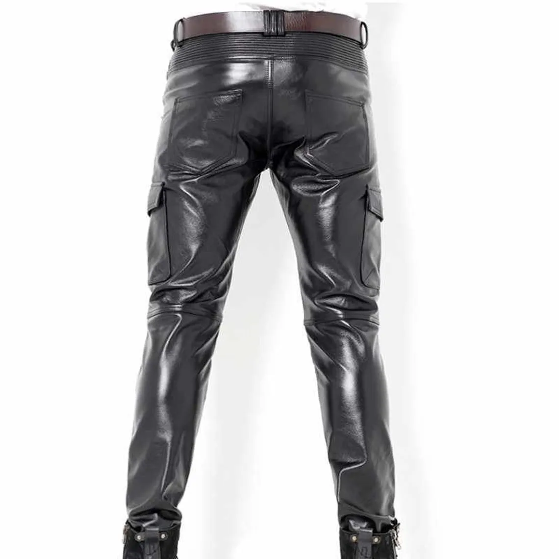 Men's Genuine Leather Black Pants Biker Cargo Pockets Slim Fit Sheep Leather Plus sizes