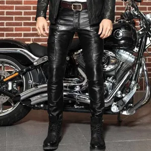 Men's Genuine Leather Black Pants Biker Cargo Pockets Slim Fit Sheep Leather Plus sizes