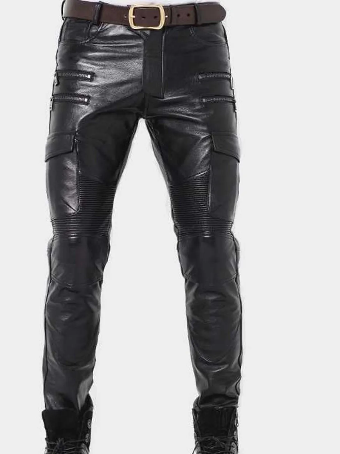 Men's Genuine Leather Black Pants Biker Cargo Pockets Slim Fit Sheep Leather Plus sizes