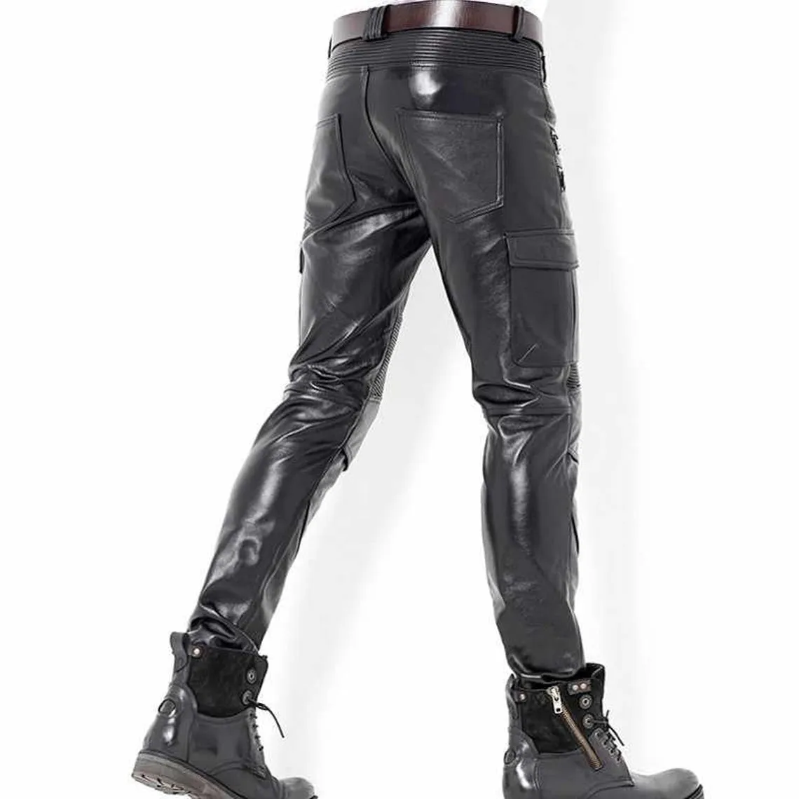 Men's Genuine Leather Black Pants Biker Cargo Pockets Slim Fit Sheep Leather Plus sizes