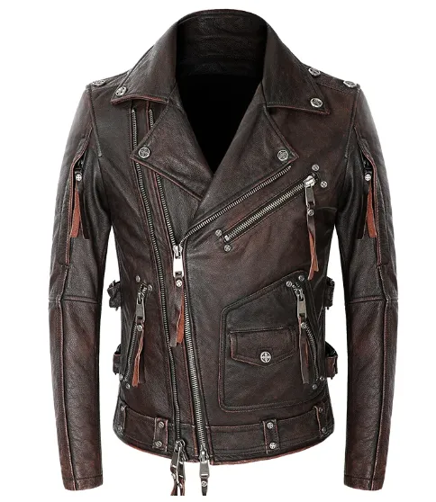 Men's Genuine Leather Motorcycle Biker Jacket: Punk Rock Zipper Coat for Riders