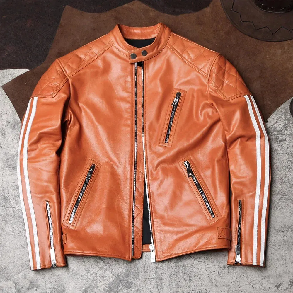 Men's Genuine Sheepskin Leather Motorcycle Jacket - Stand Collar