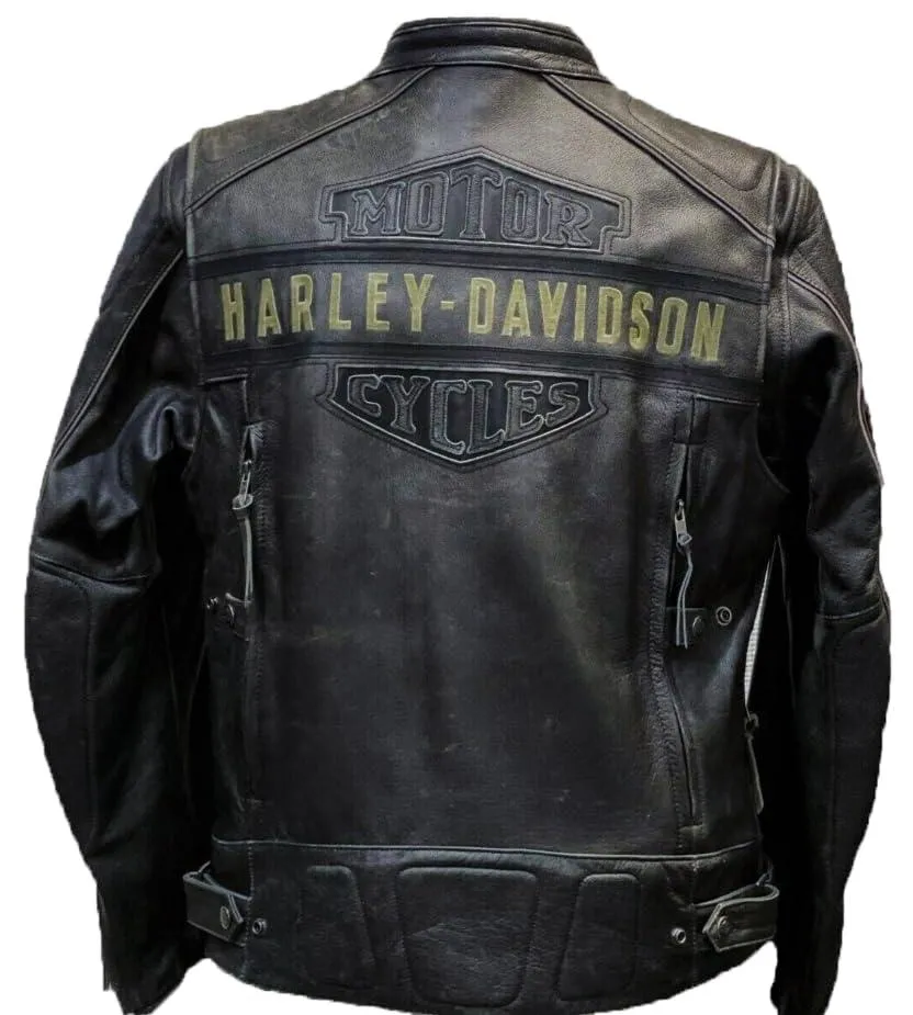 Men's H-D Motorcycle Passing Link Distressed Black Cowhide Leather Jacket