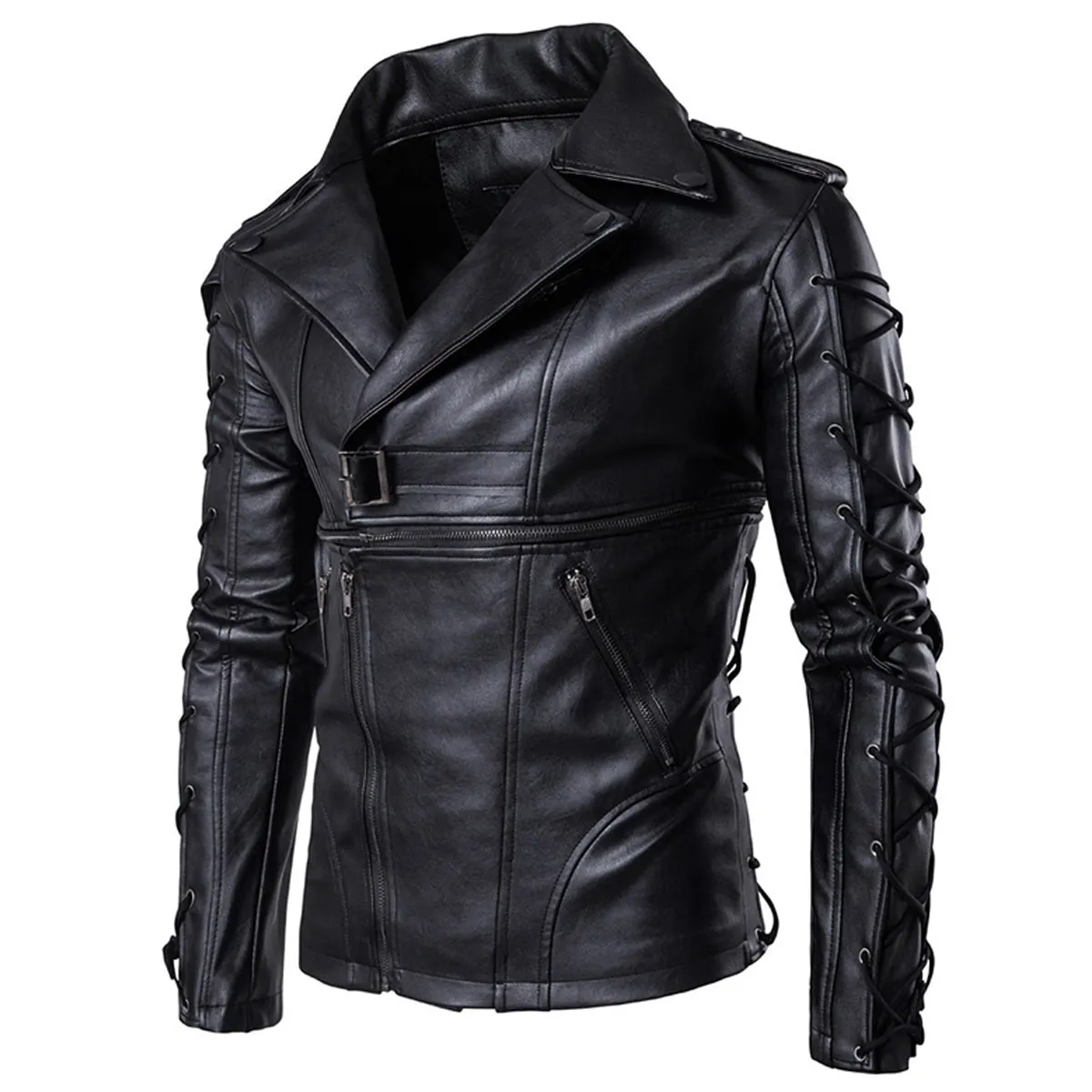 Men’s Laced Military Gothic Black Genuine Sheepskin Racer Classic Fit Biker Leather Jacket