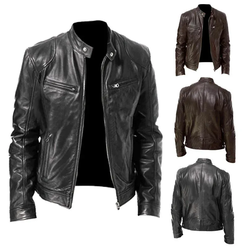 Mens Motorcycle Leather Jacket Slim Fit Short-Coat Lapel PU Jackets Autumn New Zipper Stand Windproof Leather Coat Mens Clothing