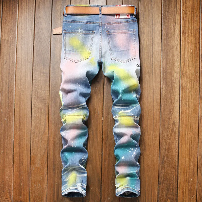 Men's Patch & Graffiti Shredded Blue Denim Stretch Jeans