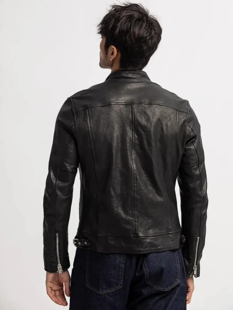 Men's Slim Fit Designer Black Sheepskin Motorcycle Jacket