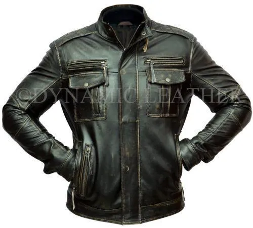 Men's Vintage Rivet Biker Style Motorcycle Cafe Racer Distressed Leather Jacket