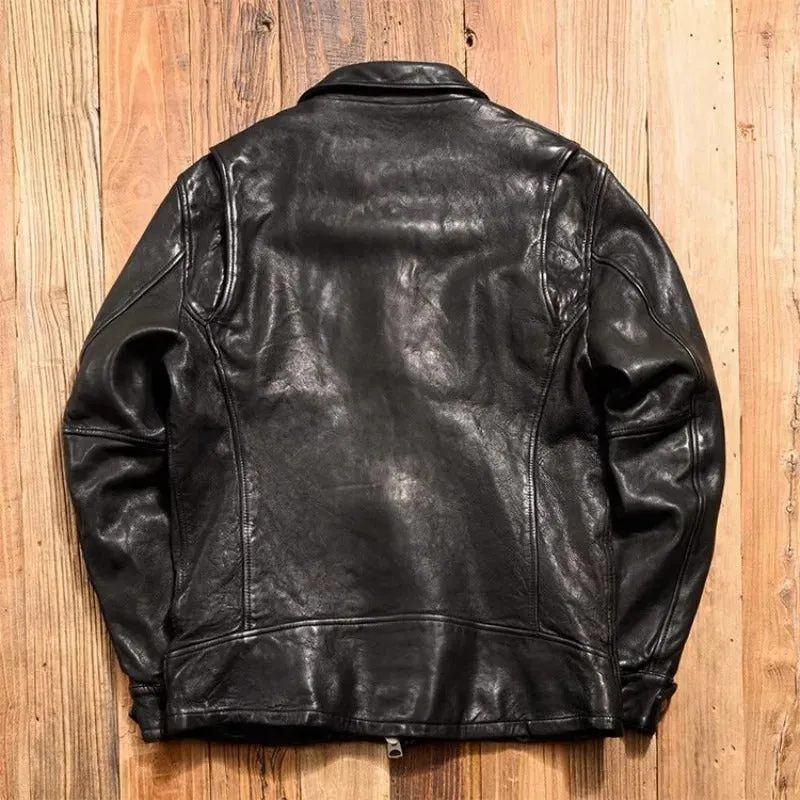 Men's Vintage Sheepskin Leather Motorcycle Jacket - Turn-Down Collar, Long Sleeve, Autumn Punk Style