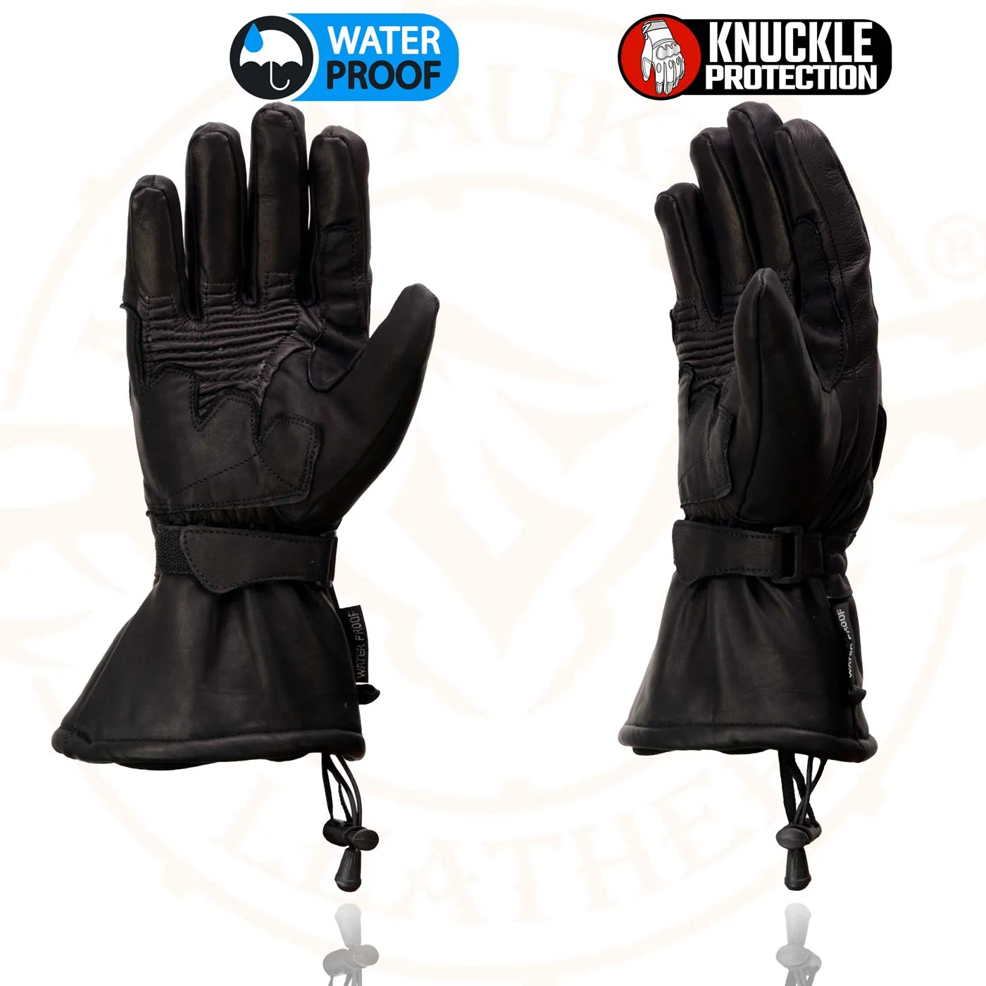 Milwaukee Leather Men's Black Leather Gauntlet Motorcycle Hand Gloves-Waterproof Hard Knuckle Elasticized Palm-SH815