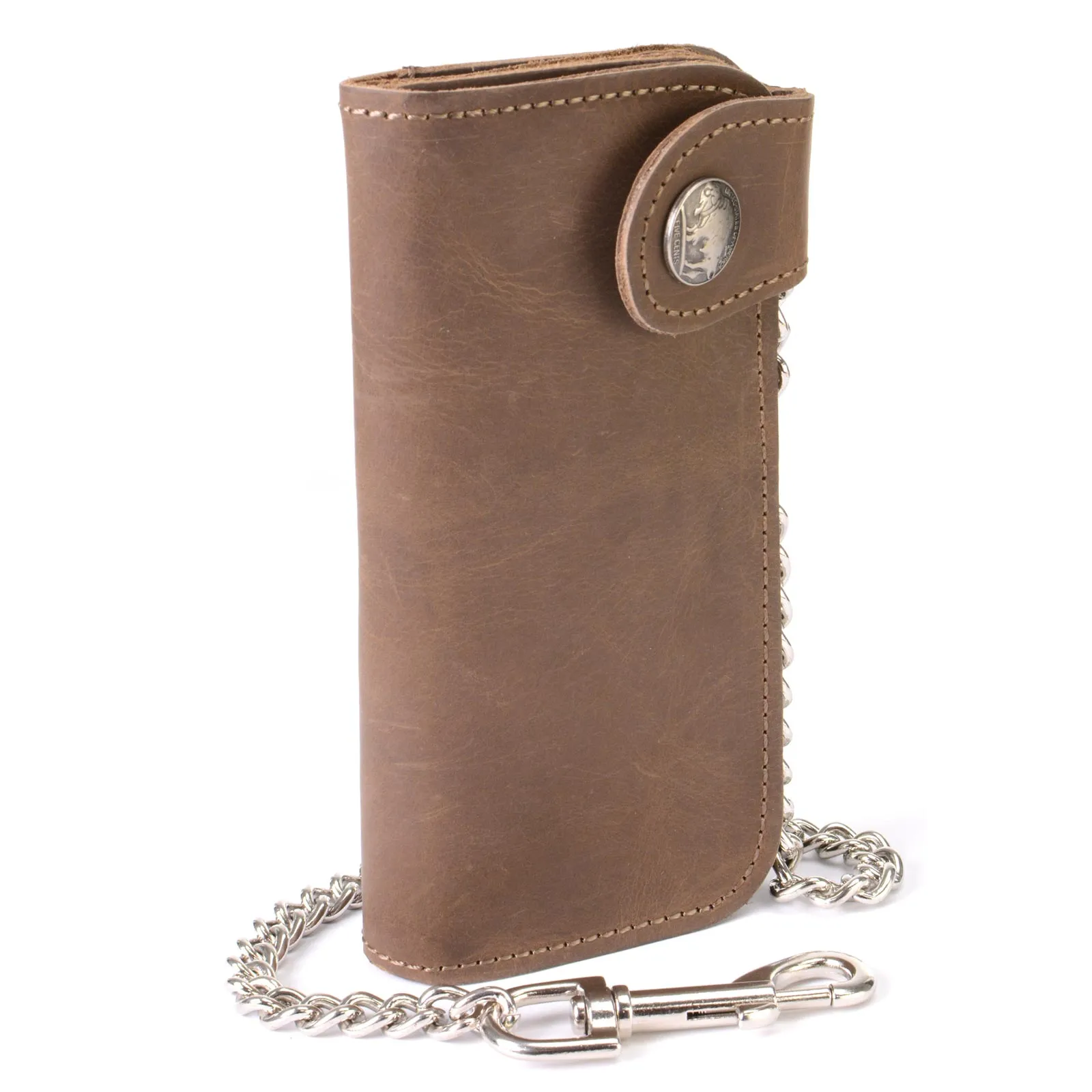 Milwaukee Leather MLW7829 Men's 7" Brown Leather Bi-Fold Biker Wallet w/ Anti-Theft Stainless Steel Chain and Buffalo Nickel Snap