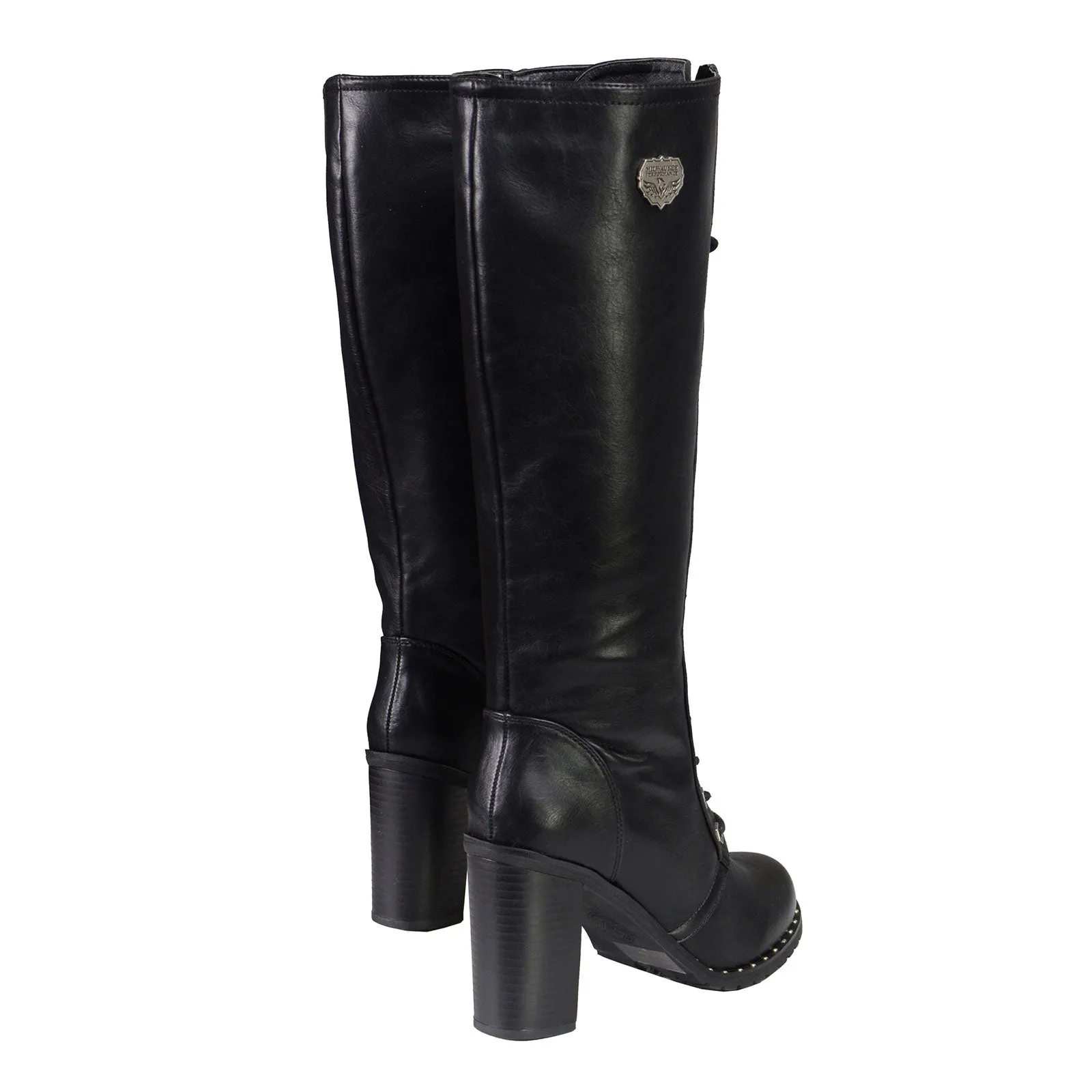 Milwaukee Leather X9442 Women's Black Lace-Up Tall Fashion Biker Boots with High Heel & Studs