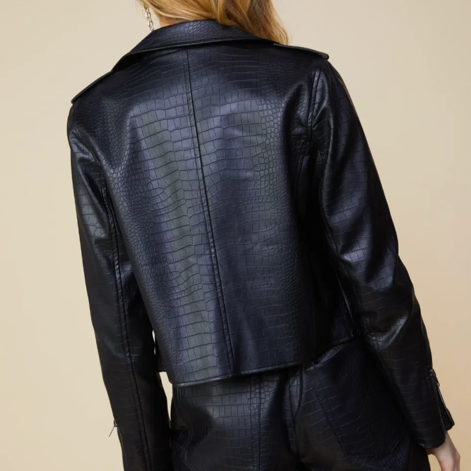 Night Life Vegan Leather Textured Biker Jacket