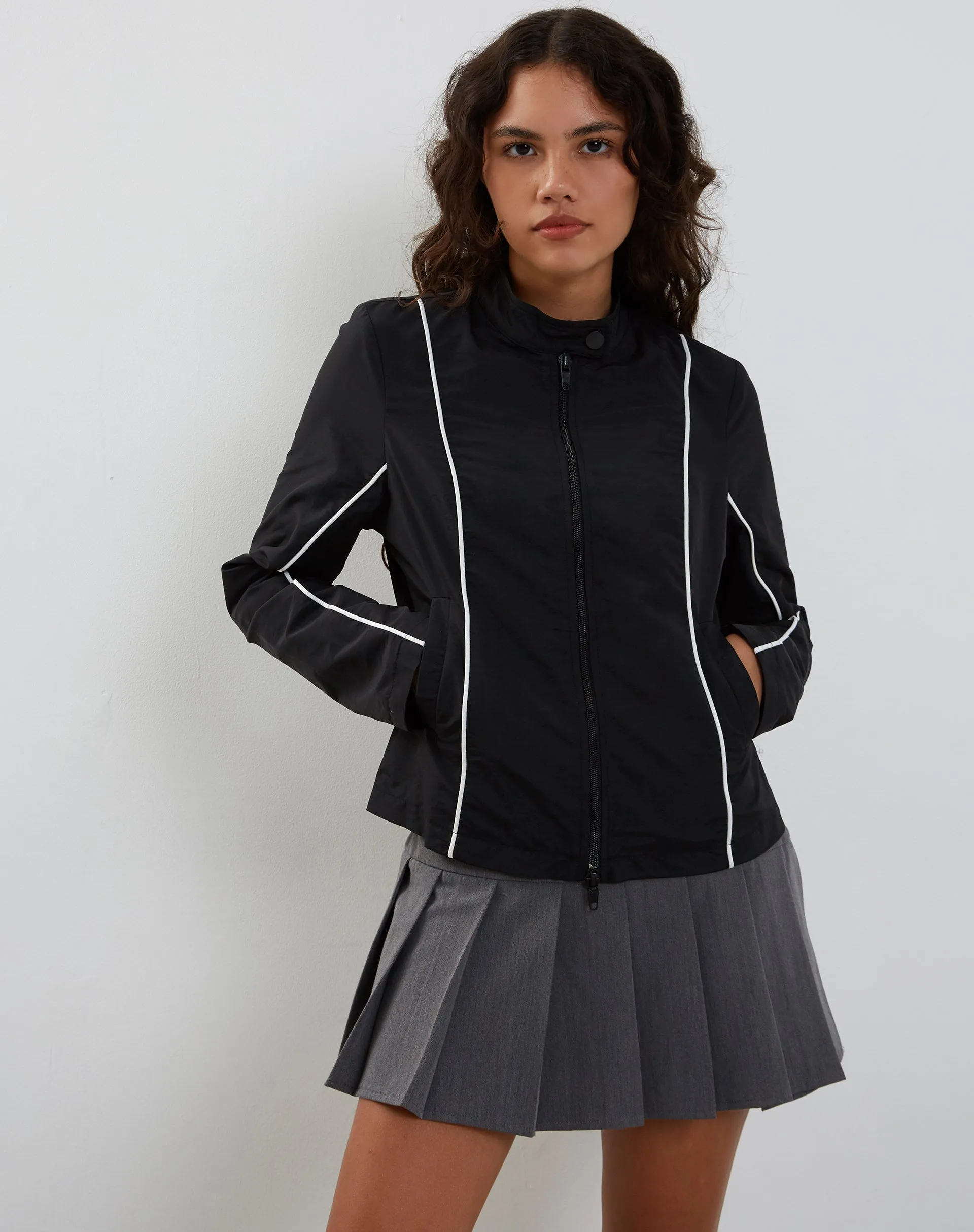 Nila Zip Up Biker Jacket in Black Nylon