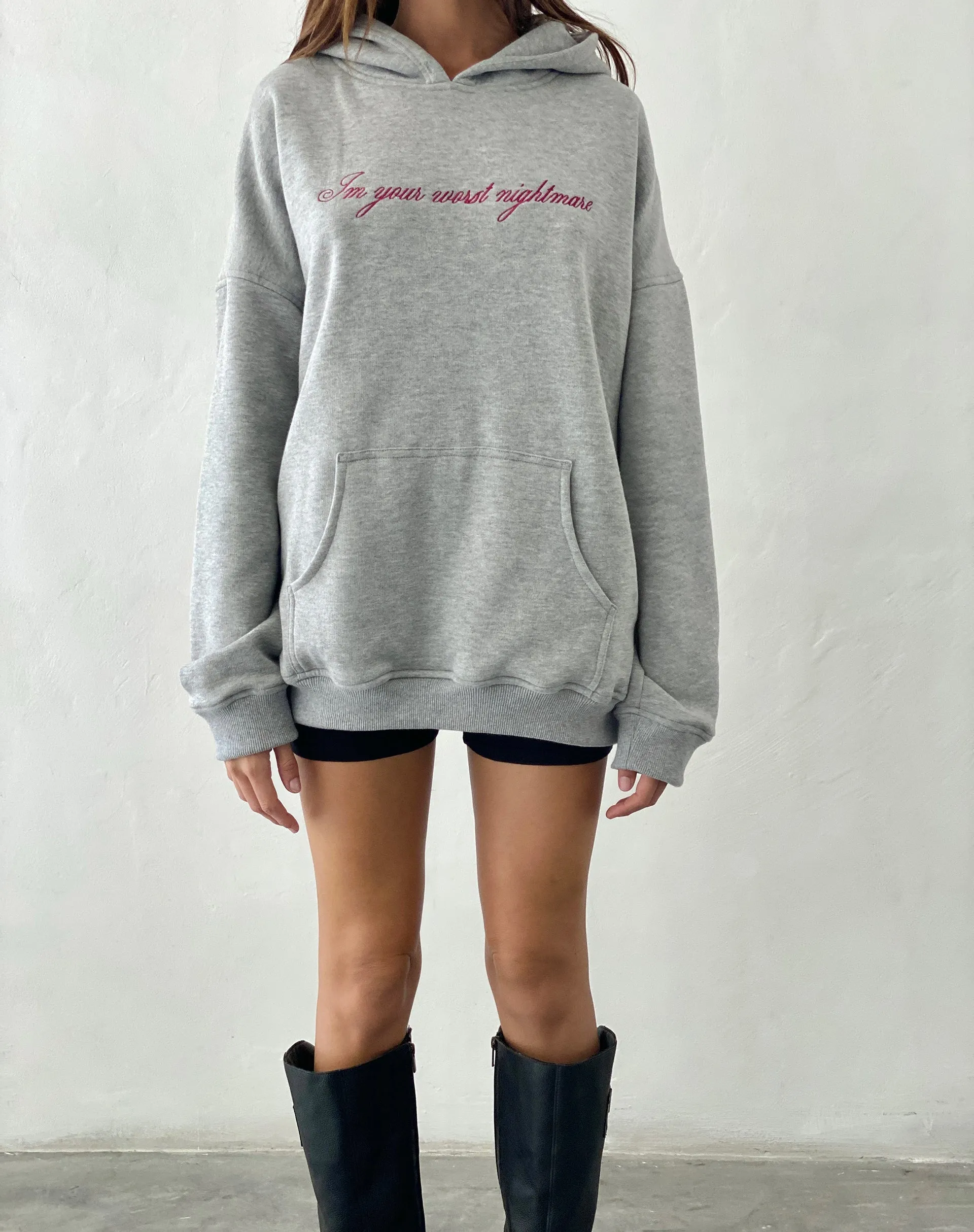 Oversized Hoodie in Grey Marl with Worst Nightmare Embroidery