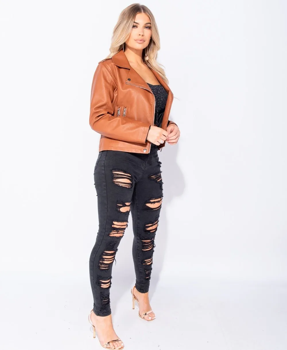 PU Zip Detail Biker Jacket