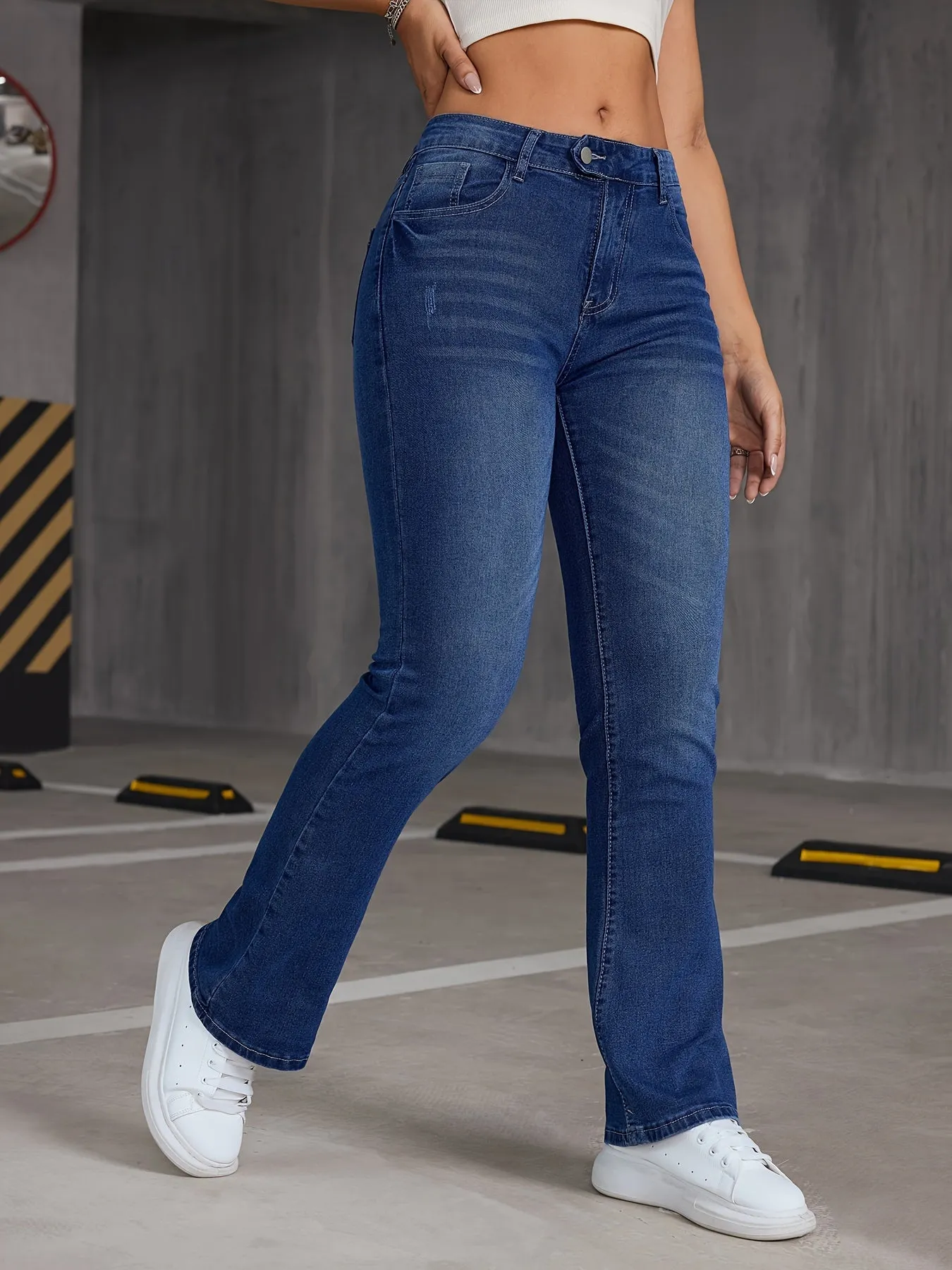 Stretchy Bootcut Jeans with Slant Pockets in Washed Blue