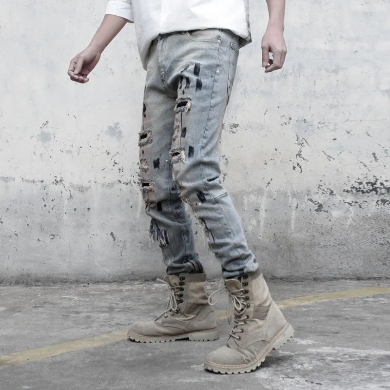 Vintage Ripped Skinny Jeans Pants Men Streetwear Hole Biker Jeans Hip Hop Denim Trousers WB608