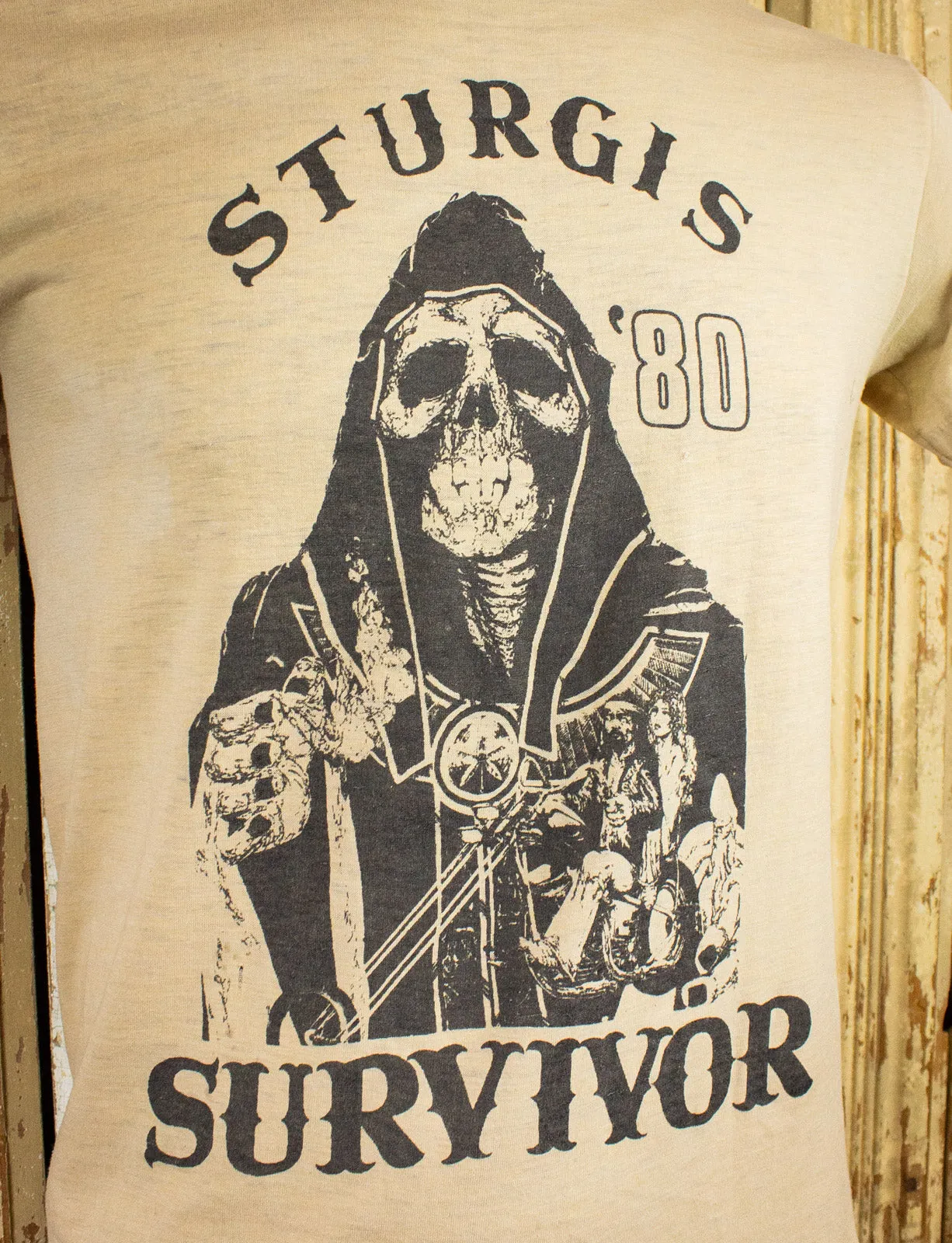 Vintage Sturgis Survivor Graphic T Shirt 1980 Tan Small