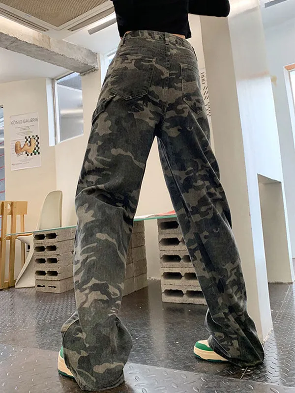 Wenkouban Green camouflage cargo jeans with a wash effect