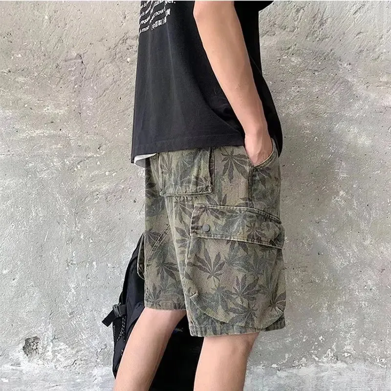 Wiaofellas  -  Summer Loose shorts men's camouflage short pants moto biker streetwear men multi-pocket maple leaf print casual hip cargo shorts