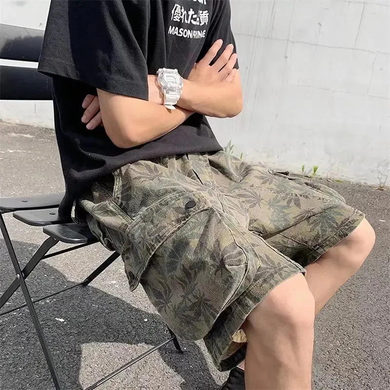 Wiaofellas  -  Summer Loose shorts men's camouflage short pants moto biker streetwear men multi-pocket maple leaf print casual hip cargo shorts