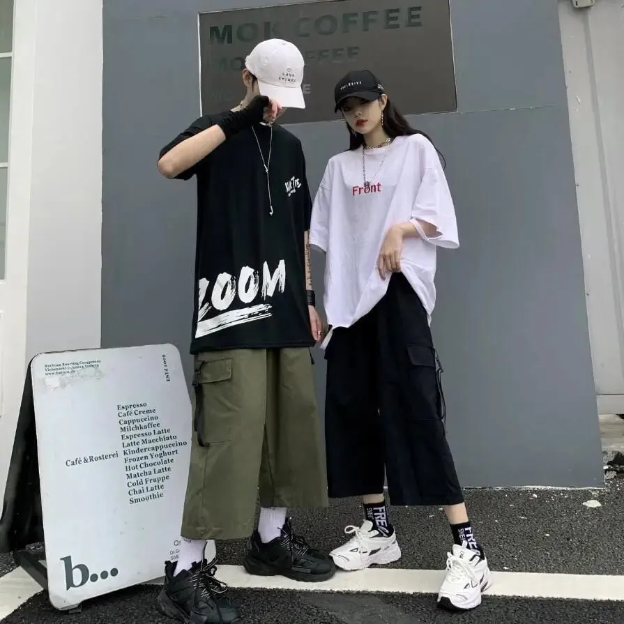 Wiaofellas  -  Unisex Y2K Capris Men Pants Summer Straight Chic Cargo Ribbon Trousers Basics Jazz Motor Biker Streetwear Male Oversize Pants