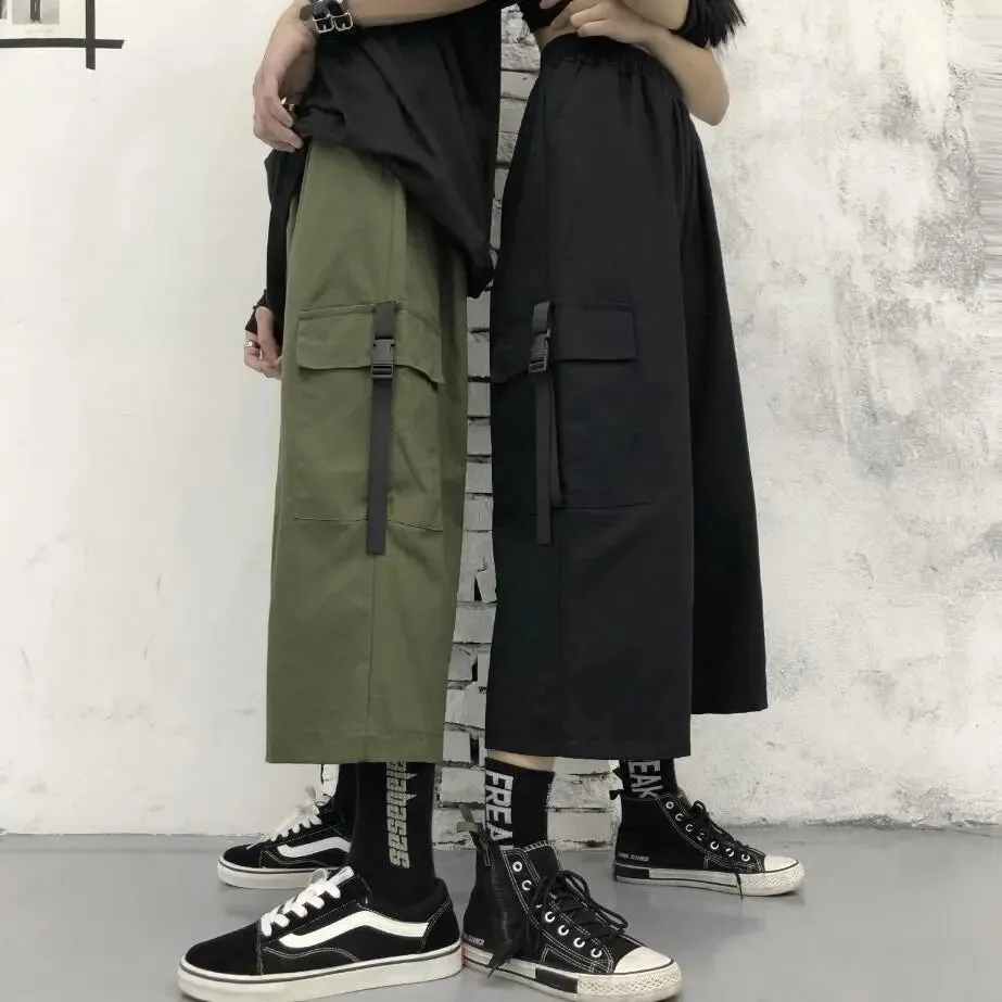 Wiaofellas  -  Unisex Y2K Capris Men Pants Summer Straight Chic Cargo Ribbon Trousers Basics Jazz Motor Biker Streetwear Male Oversize Pants