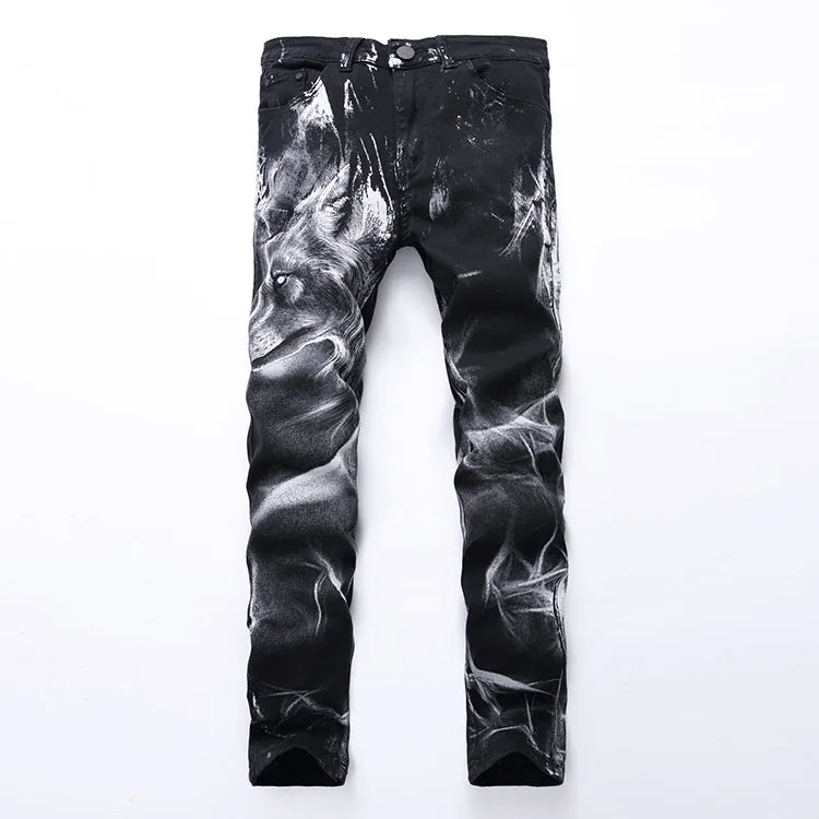 Wolf Head Print Biker Skinny Jeans Pants