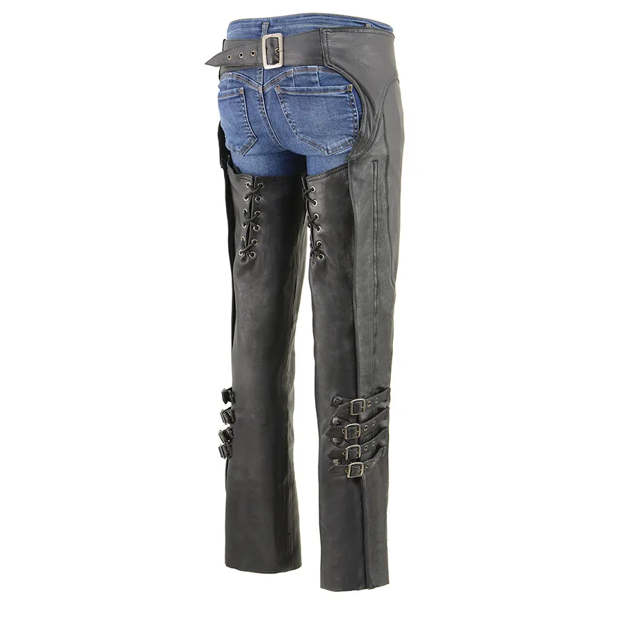 Women Buckled Up Black Leather Chaps