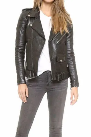 Womens Black Biker Motorcycle Slim fit Leather Jacket-BNWT