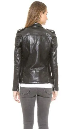 Womens Black Biker Motorcycle Slim fit Leather Jacket-BNWT