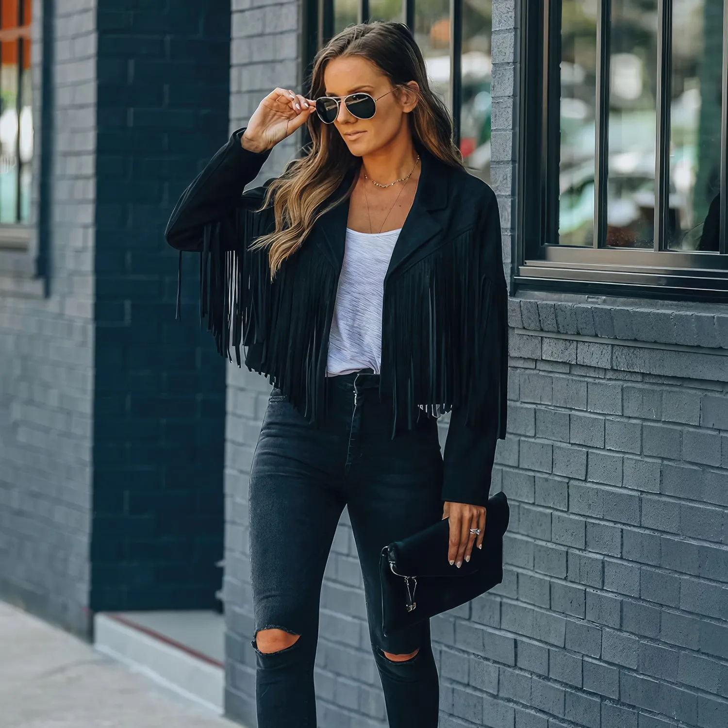 Women’s Black Genuine Suede Tassel Lapel Long Sleeve Motor Biker Native American Vintage Cropped Leather Jacket