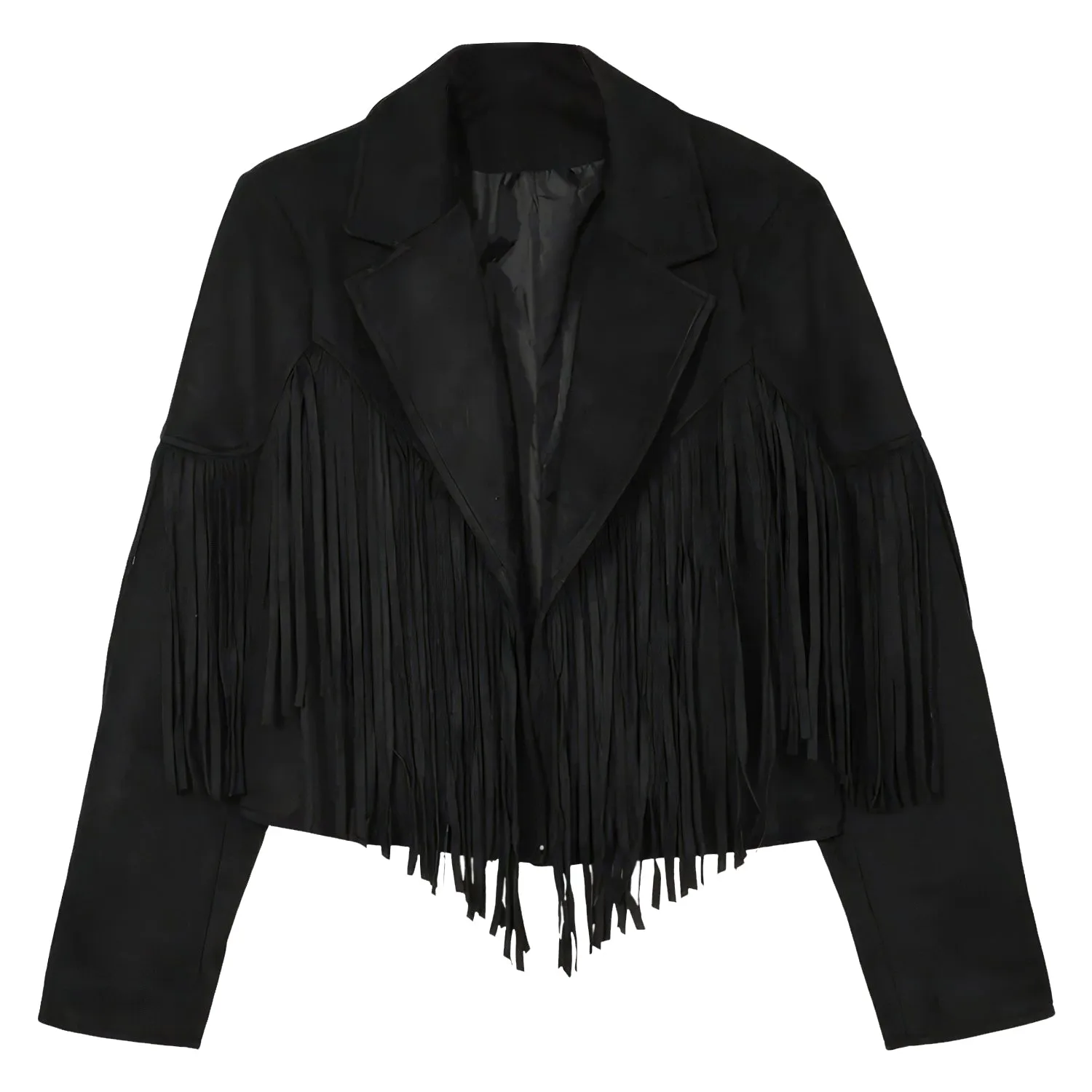 Women’s Black Genuine Suede Tassel Lapel Long Sleeve Motor Biker Native American Vintage Cropped Leather Jacket