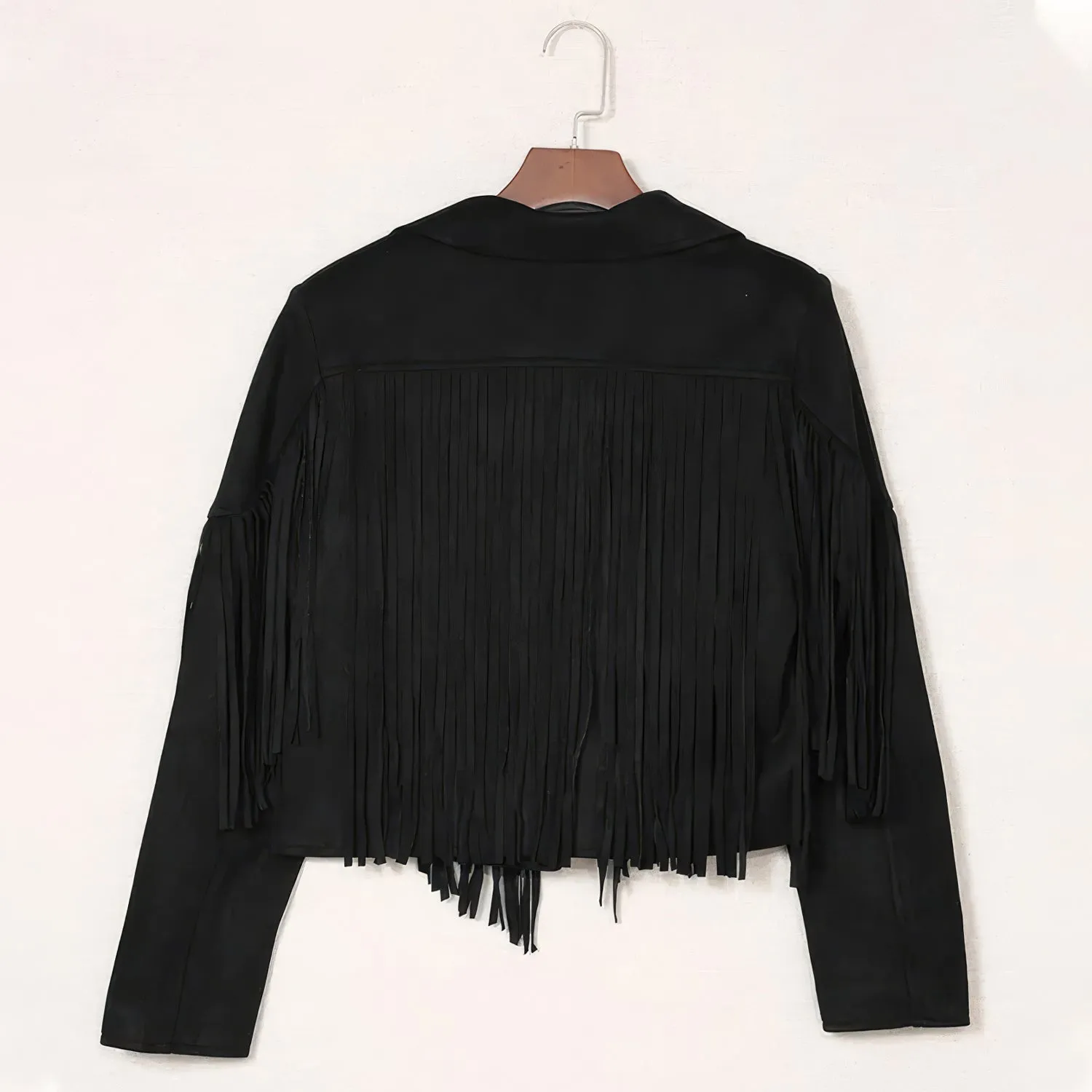 Women’s Black Genuine Suede Tassel Lapel Long Sleeve Motor Biker Native American Vintage Cropped Leather Jacket