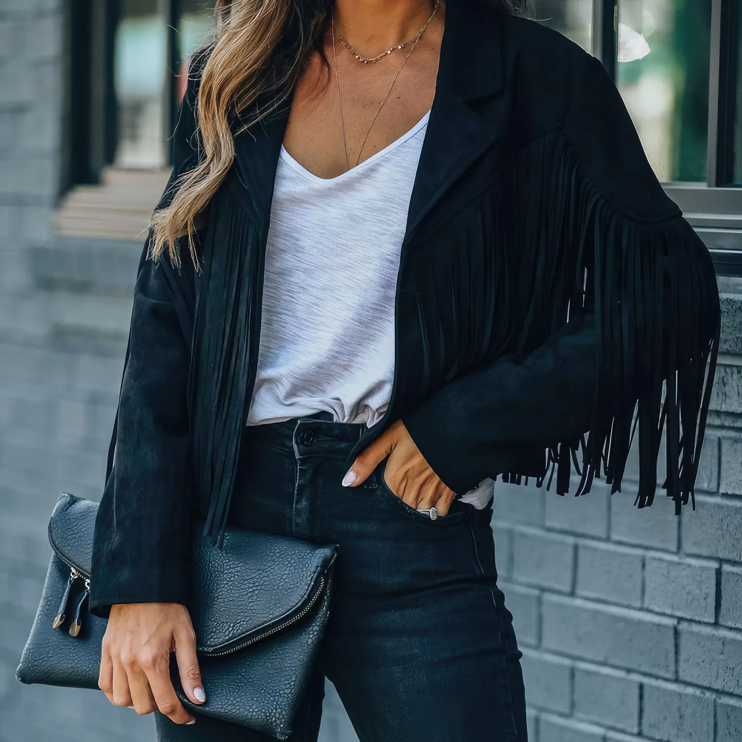 Women’s Black Genuine Suede Tassel Lapel Long Sleeve Motor Biker Native American Vintage Cropped Leather Jacket