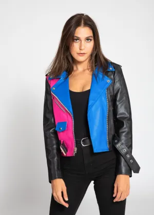 Women's Block Print Moto Style Faux Leather Jacket - Pink/Blue