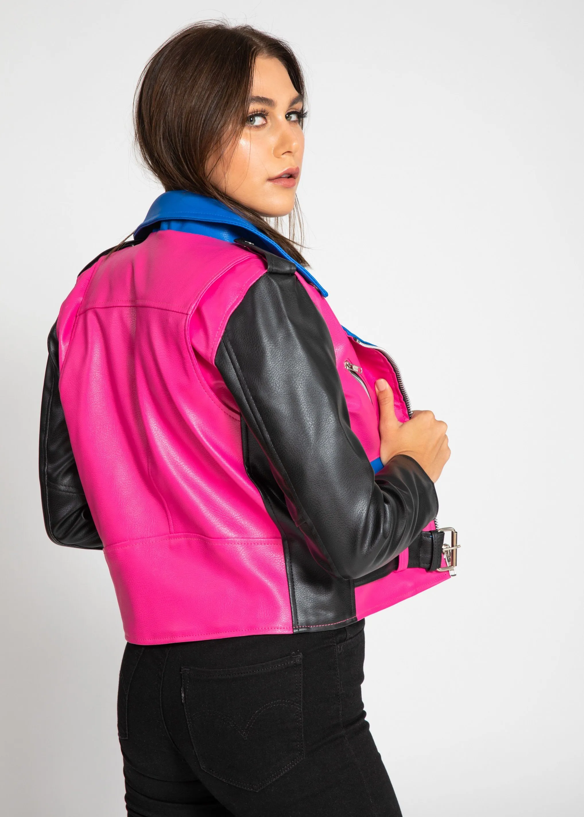 Women's Block Print Moto Style Faux Leather Jacket - Pink/Blue