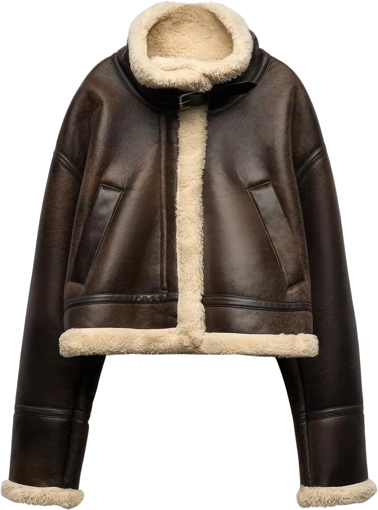 Women’s Distressed Brown Genuine Lambskin Sherpa Shearling Faux Fur Lined Moto Biker Fashion Winter Thick Bomber Leather Jacket