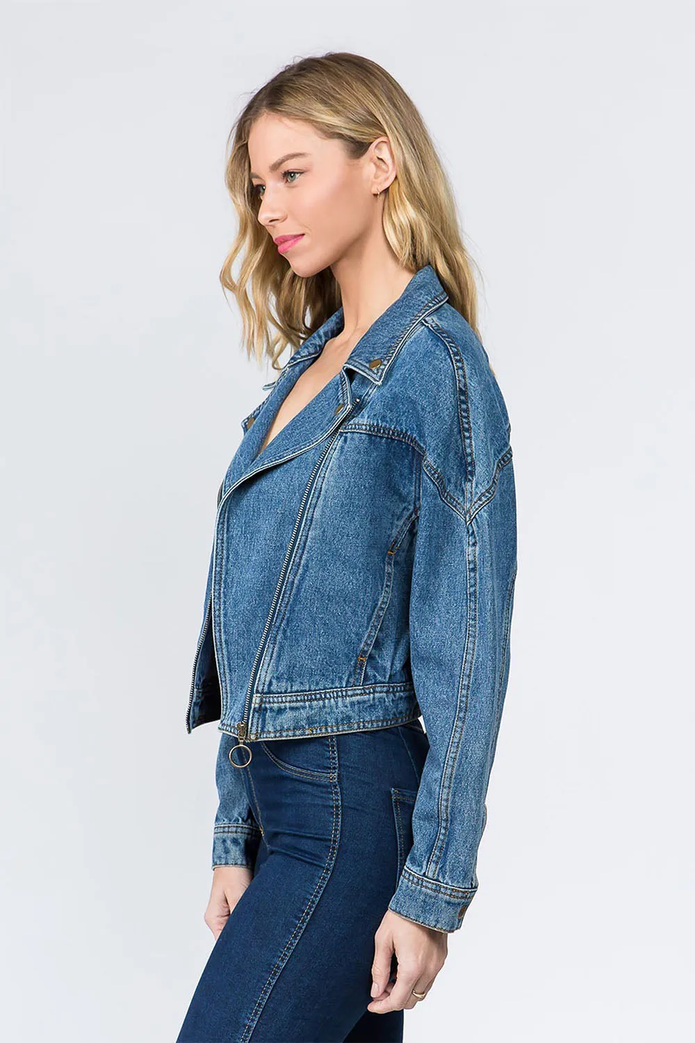 Women's Oversized Moto Biker Denim Jacket