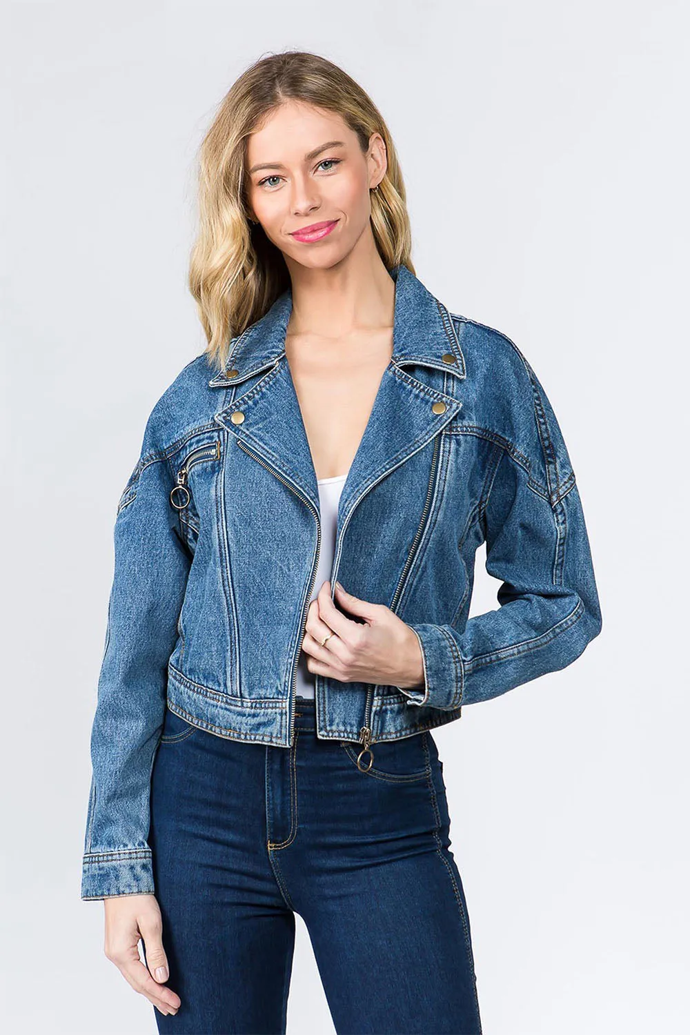 Women's Oversized Moto Biker Denim Jacket