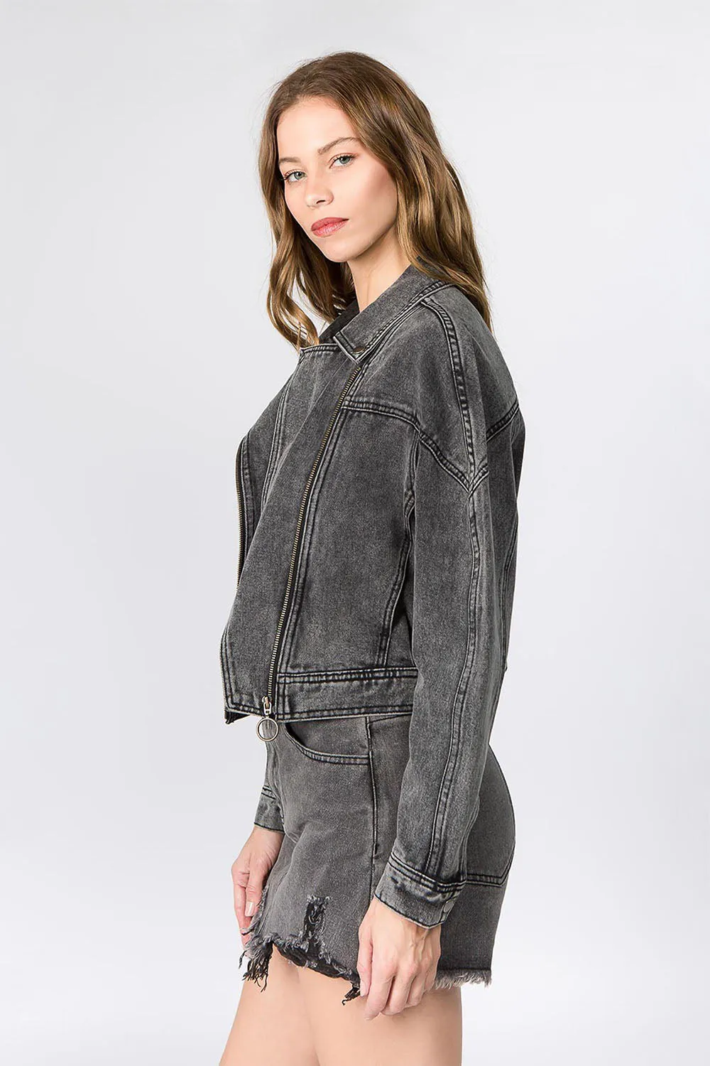 Women's Oversized Moto Biker Denim Jacket