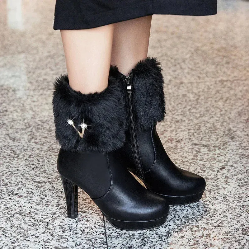 Women's Platform Short Fashion V Buckle High Heel Ladies Ankle Boots