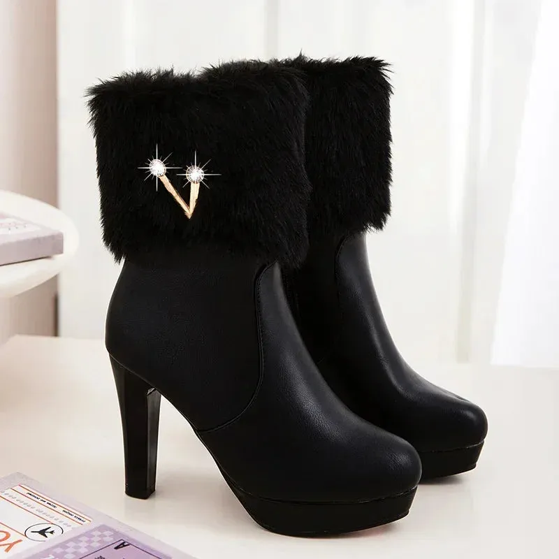 Women's Platform Short Fashion V Buckle High Heel Ladies Ankle Boots