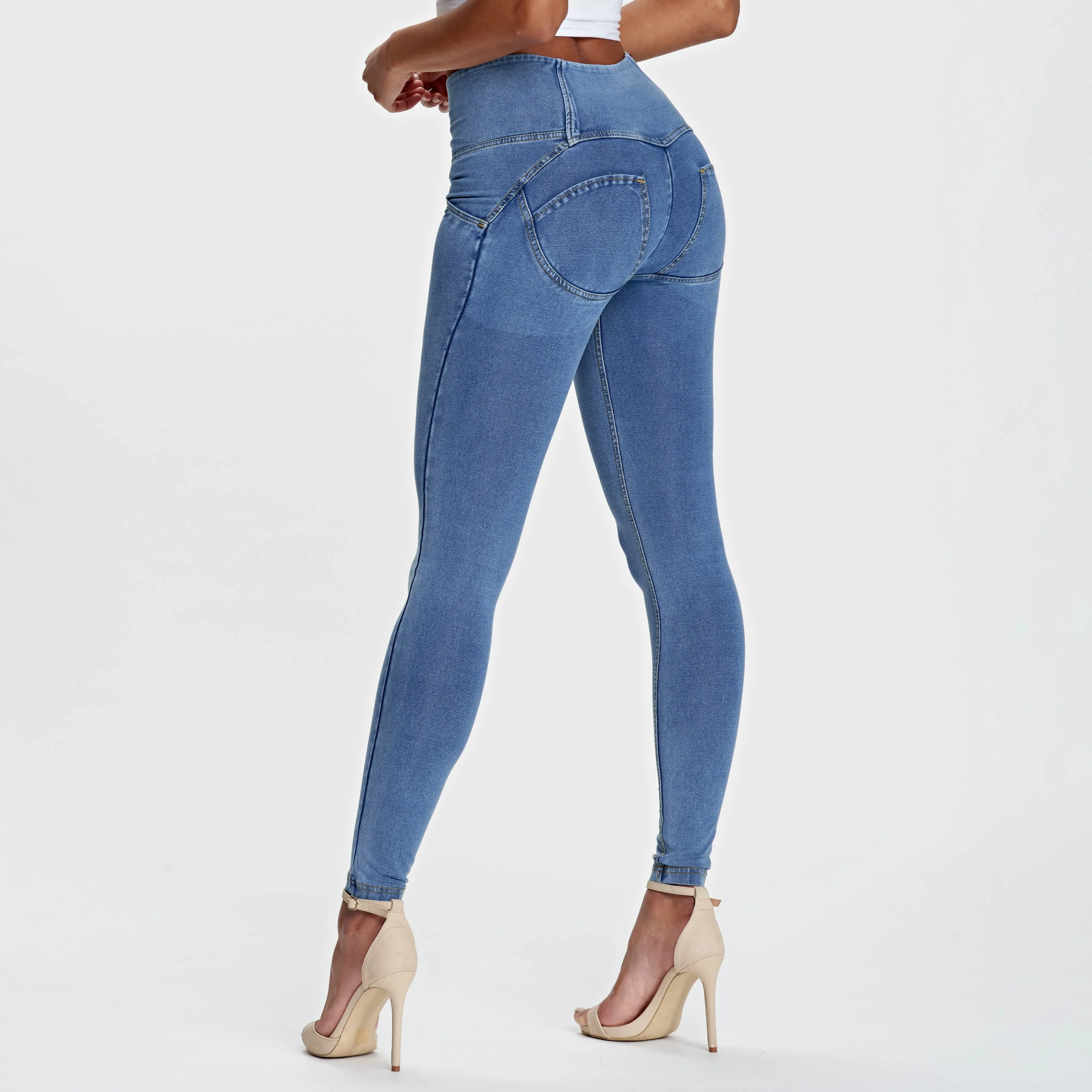 WR.UP® Denim - 4 Button High Waist - Full Length  - Light Blue   Yellow Stitching